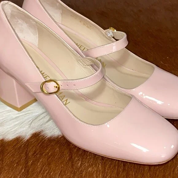Stuart Weitzman MJ 60 Women's Pink Patent Chunky Pumps Heels Mary Jane - Picture 3 of 9